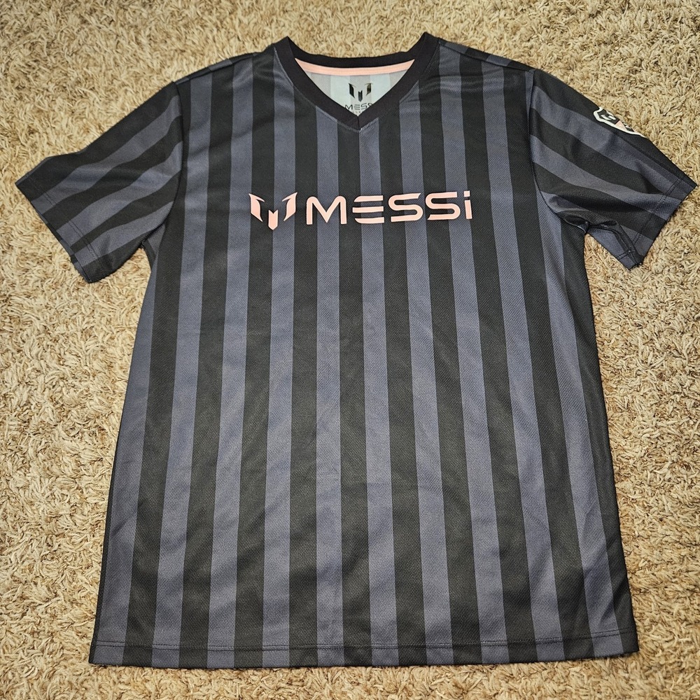 Lionel Messi Performance Soccer Jersey Youth Gray Pink Striped Shirt Size XL(18)